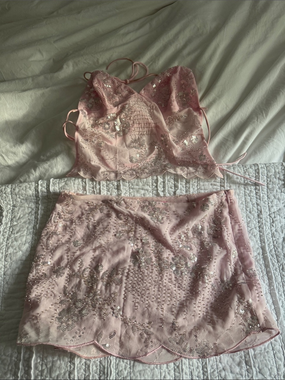 Edikted Pink Sequin Embellished Mini Skirt Set - Picture 1 of 2